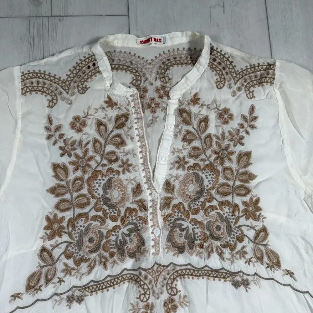 Johnny Was Tunic Blouse Womens Large White Lace Embroidered Sheer Boho Top - Picture 3 of 16